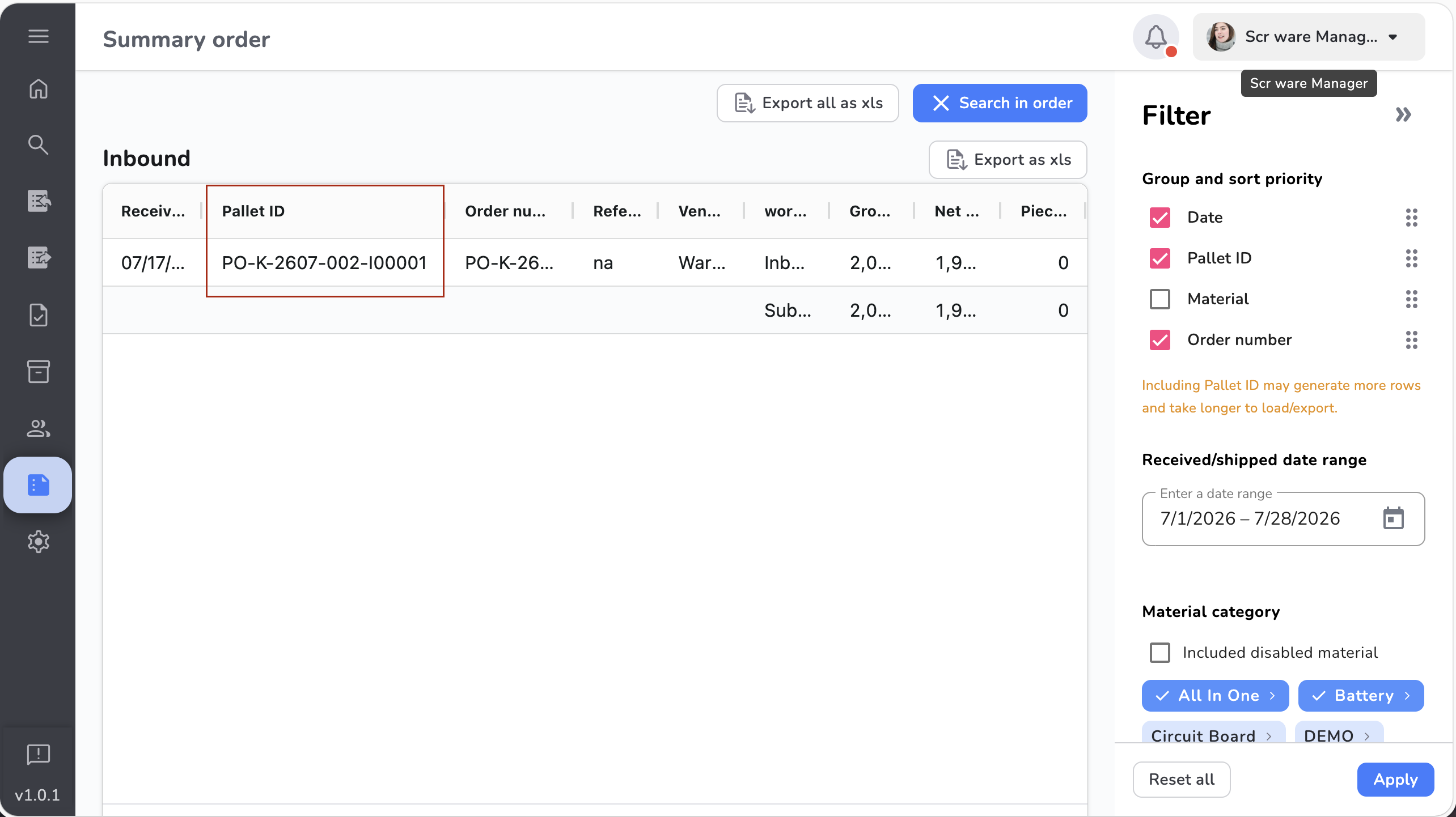 Summary Order Pallet ID screen